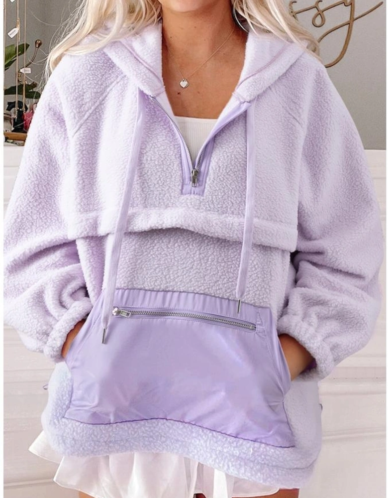 Lavendula Zipped Patch Pocket Fuzzy Drawstring Hoodie