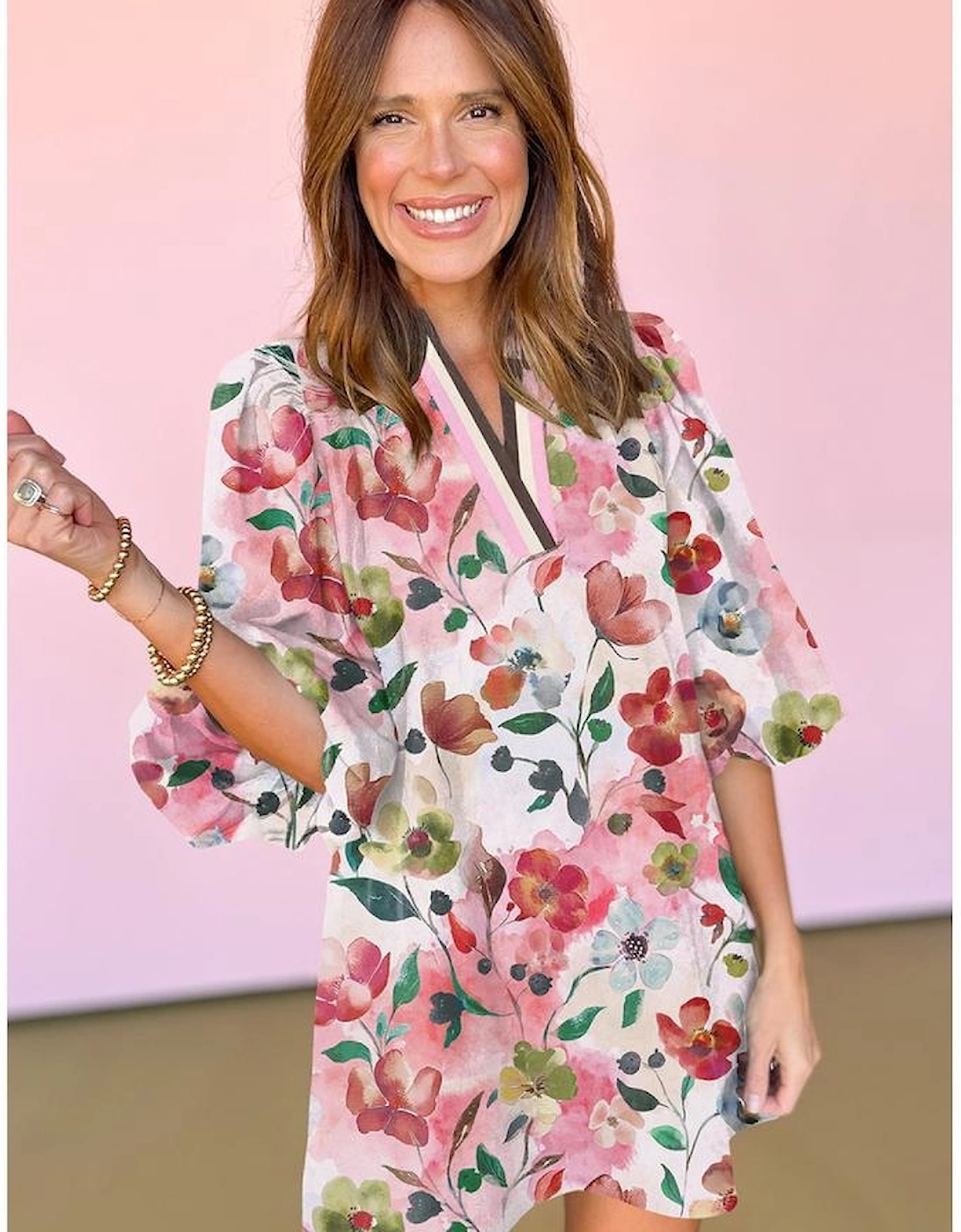 Red Floral Contrast Striped V Neck Puff Half Sleeve Shift Dress, 5 of 4