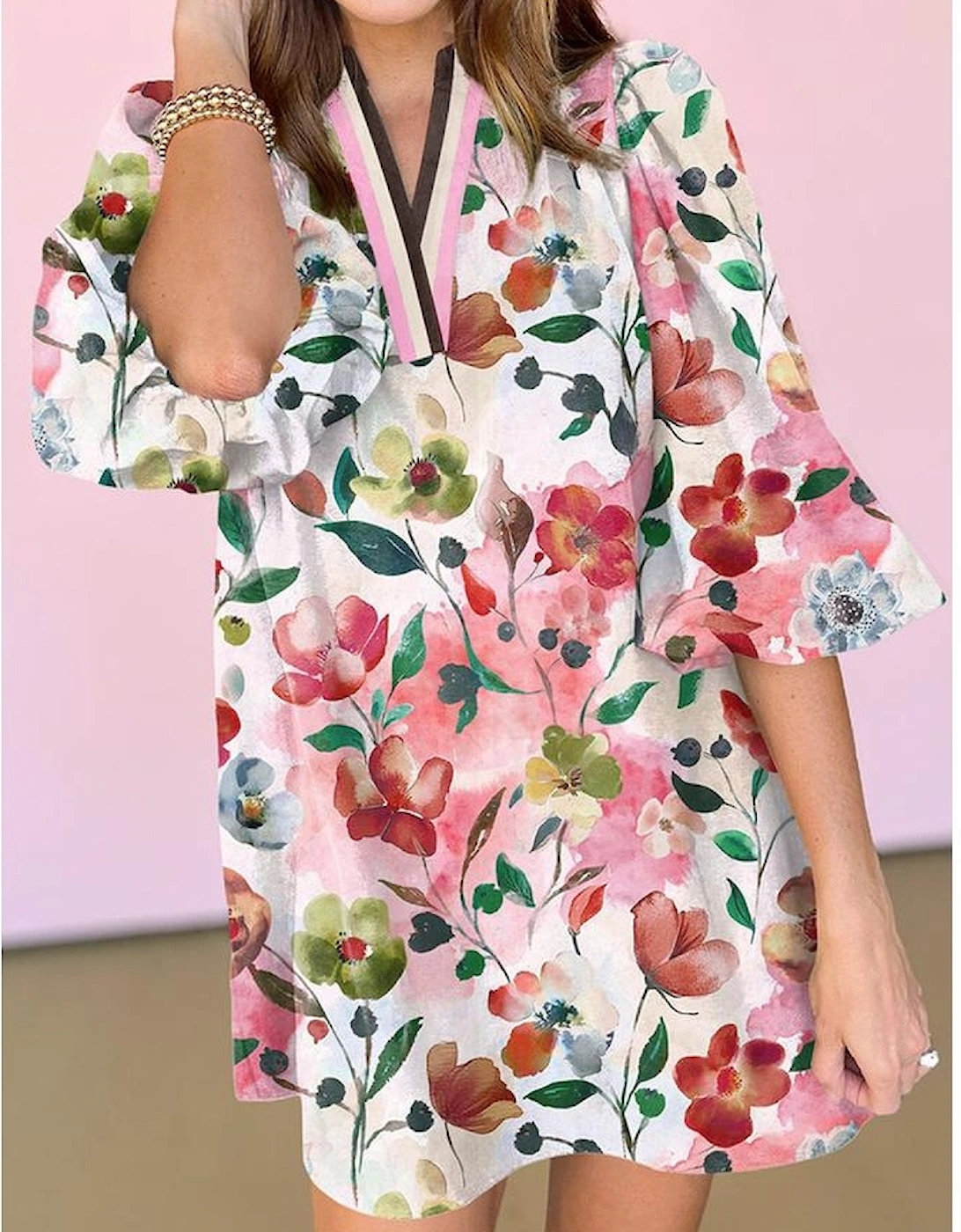 Red Floral Contrast Striped V Neck Puff Half Sleeve Shift Dress