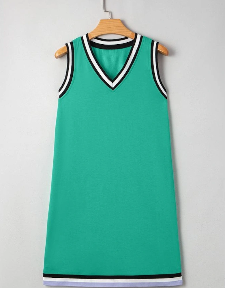Mint Green Color Contrast Trim V Neck Shift Sleeveless Mini Dress