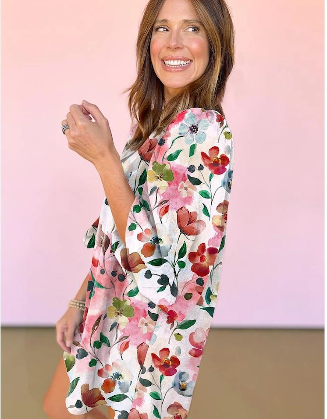 Red Floral Contrast Striped V Neck Puff Half Sleeve Shift Dress