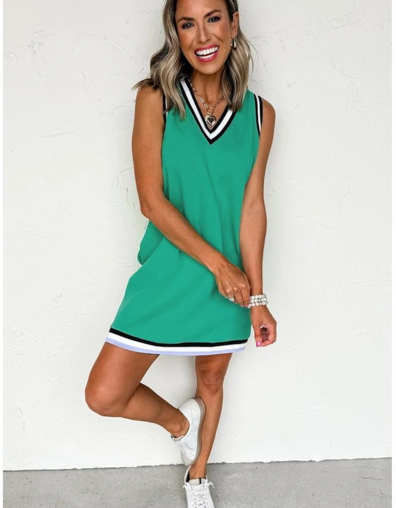 Mint Green Color Contrast Trim V Neck Shift Sleeveless Mini Dress