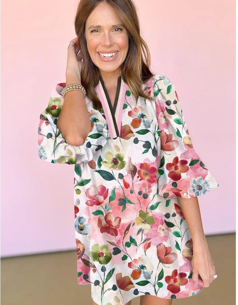 Red Floral Contrast Striped V Neck Puff Half Sleeve Shift Dress