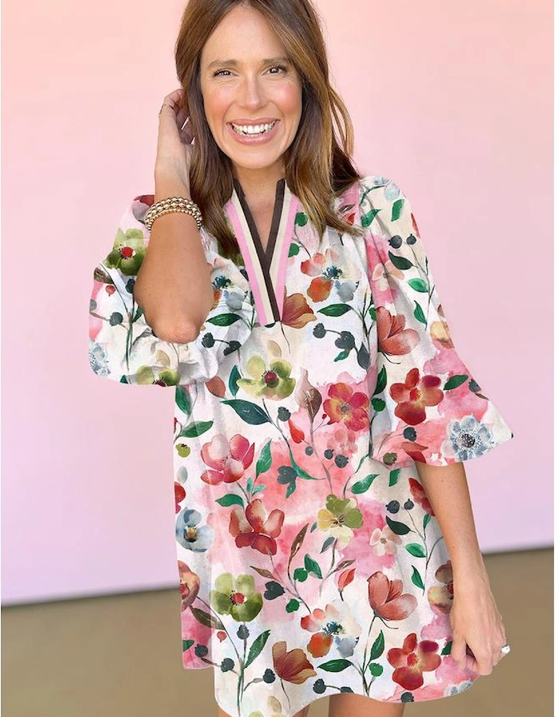 Red Floral Contrast Striped V Neck Puff Half Sleeve Shift Dress