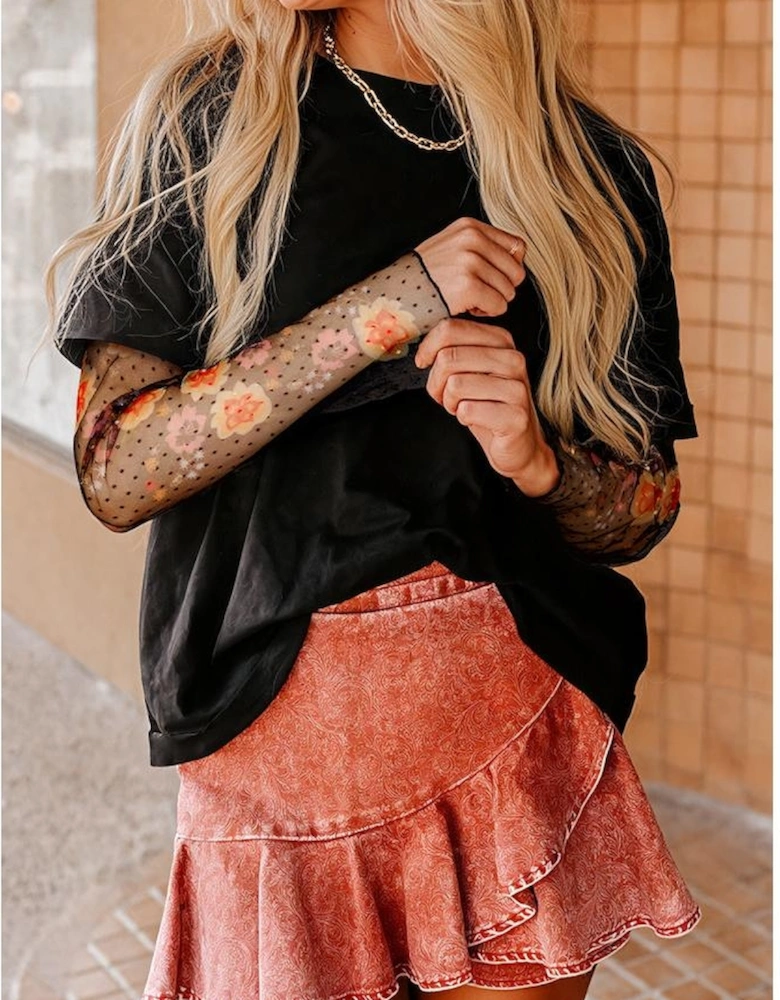 Black Faux Two Piece Floral Long Sleeve Patchwork Tee