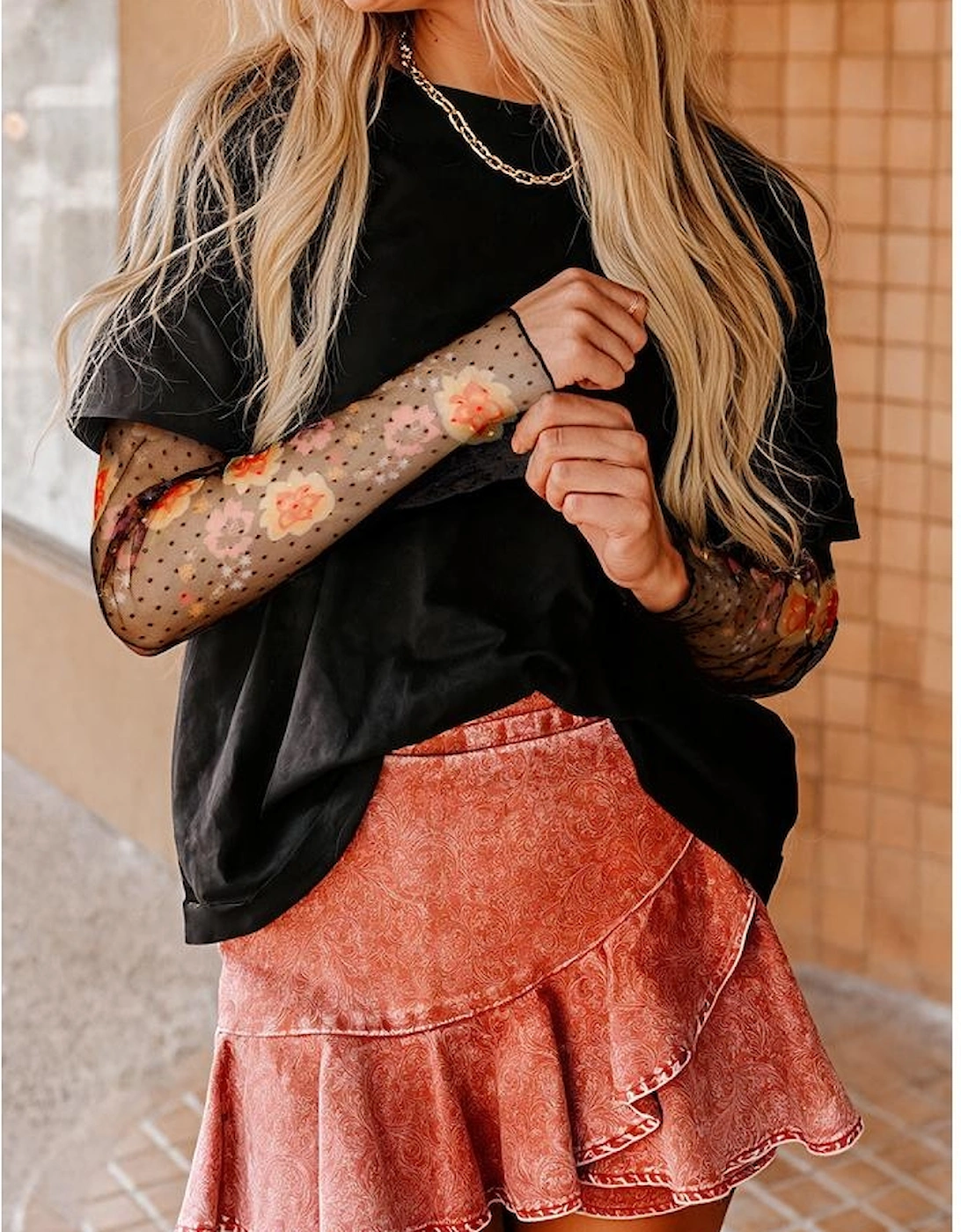 Black Faux Two Piece Floral Long Sleeve Patchwork Tee, 7 of 6