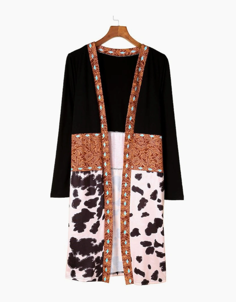 Black Western Pattern Cow Patchwork Open Front Cardigan