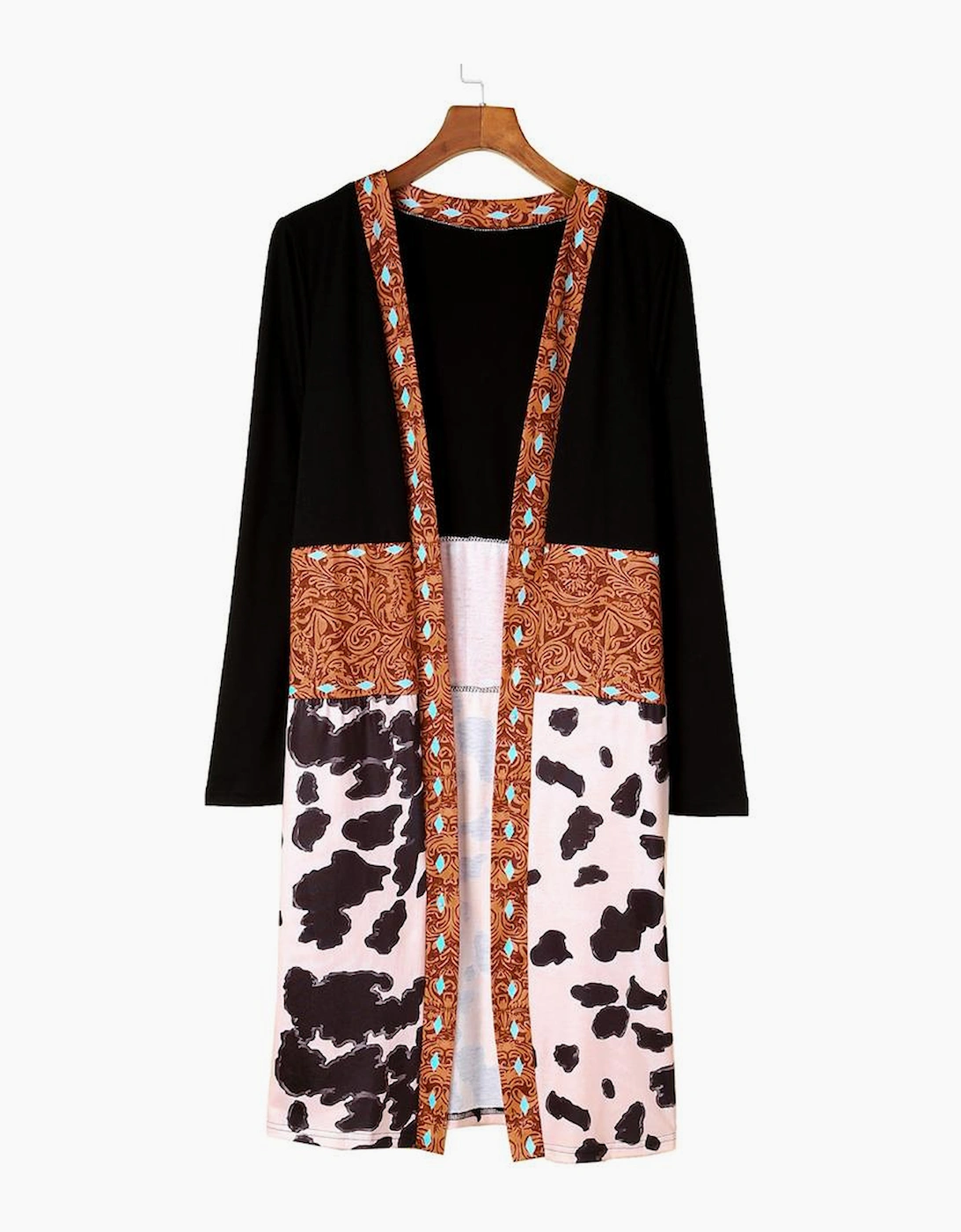 Black Western Pattern Cow Patchwork Open Front Cardigan