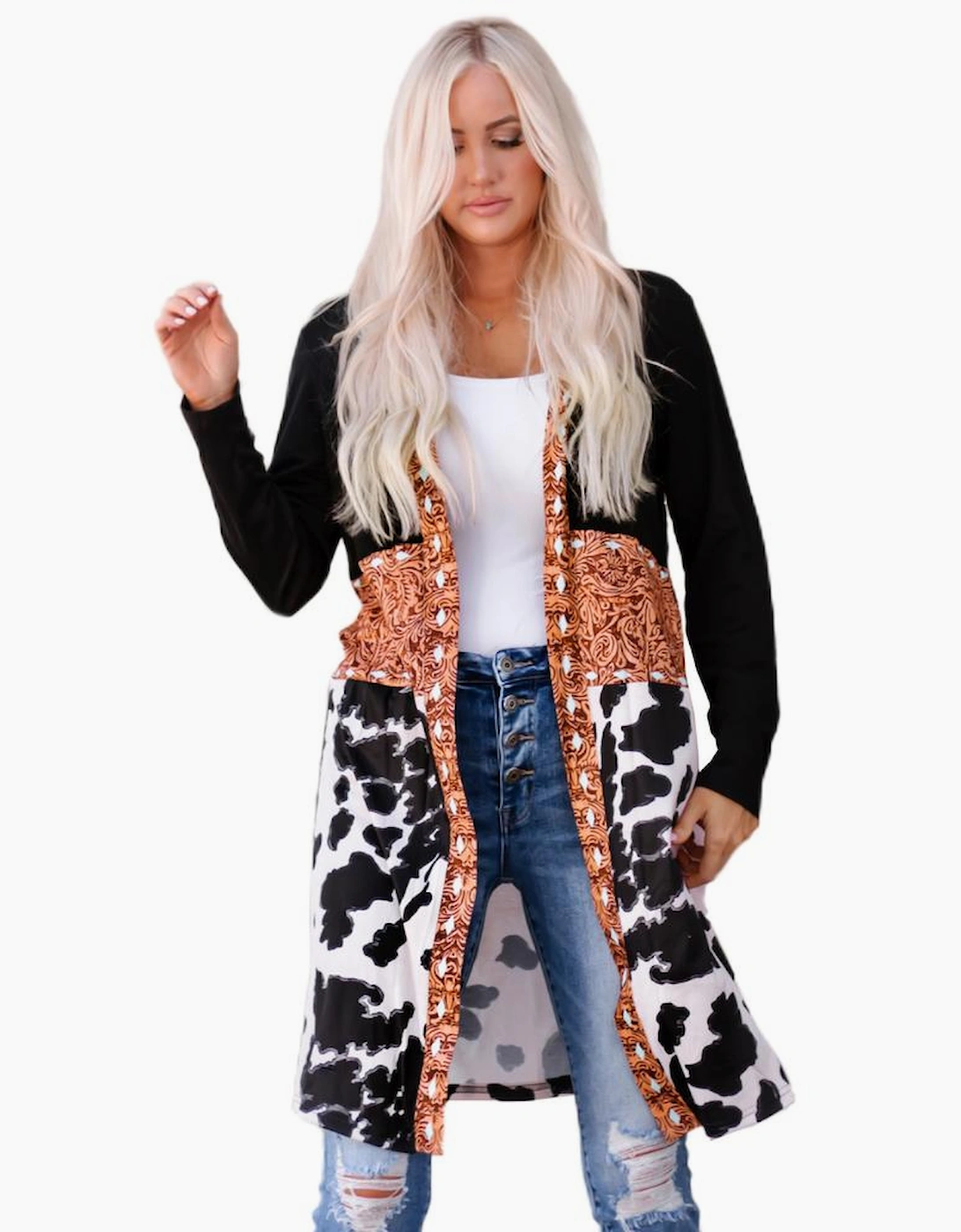 Black Western Pattern Cow Patchwork Open Front Cardigan