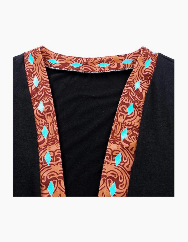 Black Western Pattern Cow Patchwork Open Front Cardigan