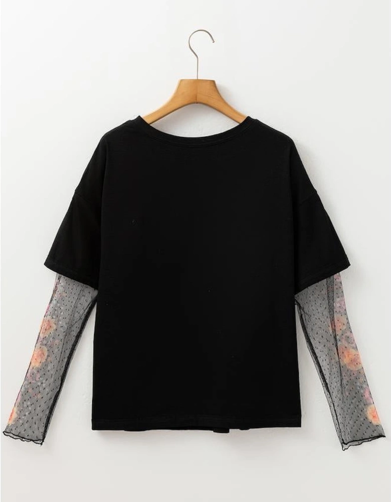 Black Faux Two Piece Floral Long Sleeve Patchwork Tee