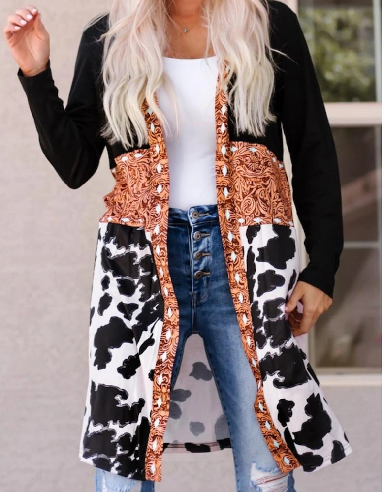 Black Western Pattern Cow Patchwork Open Front Cardigan