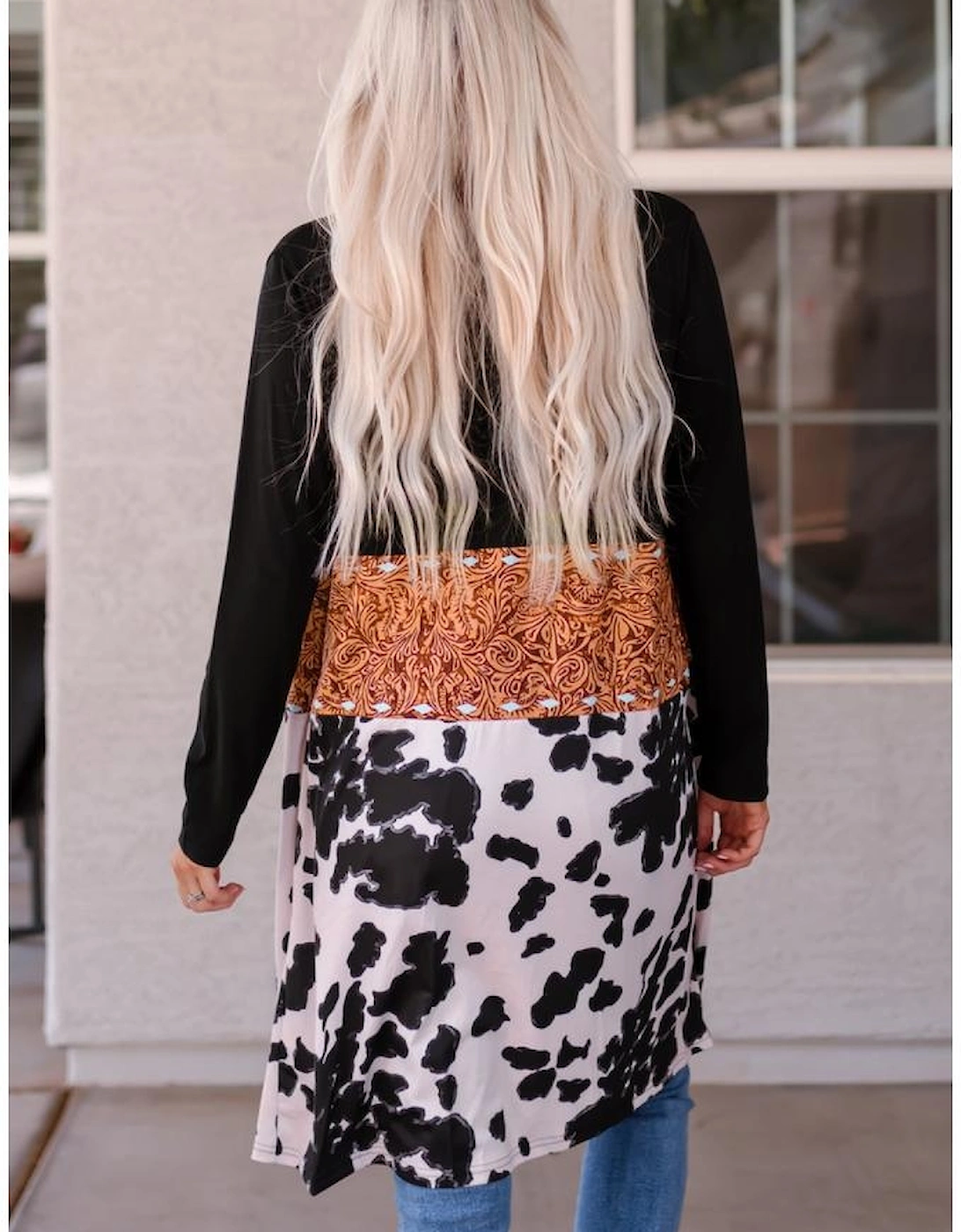 Black Western Pattern Cow Patchwork Open Front Cardigan