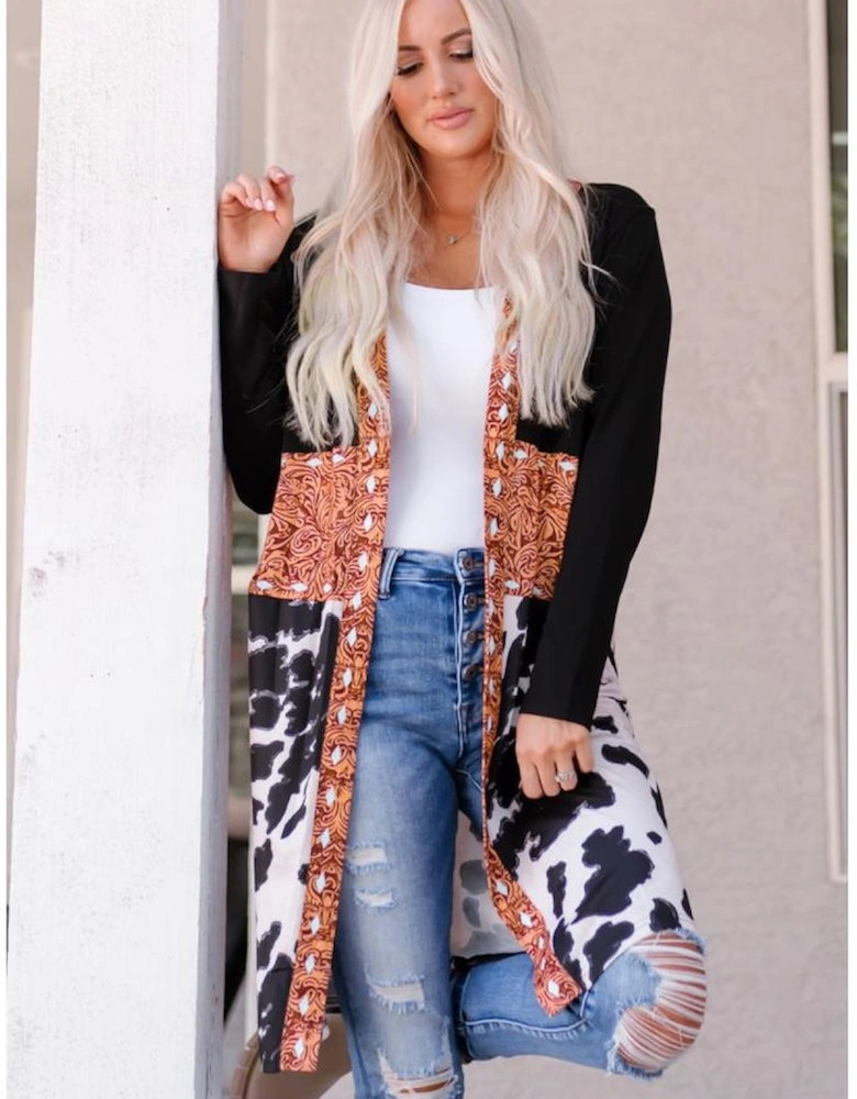 Black Western Pattern Cow Patchwork Open Front Cardigan