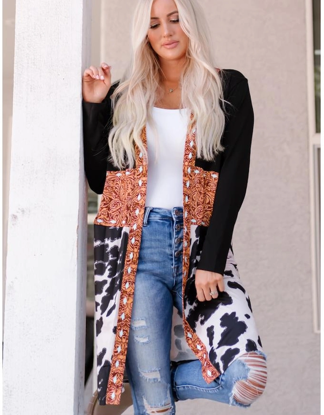 Black Western Pattern Cow Patchwork Open Front Cardigan