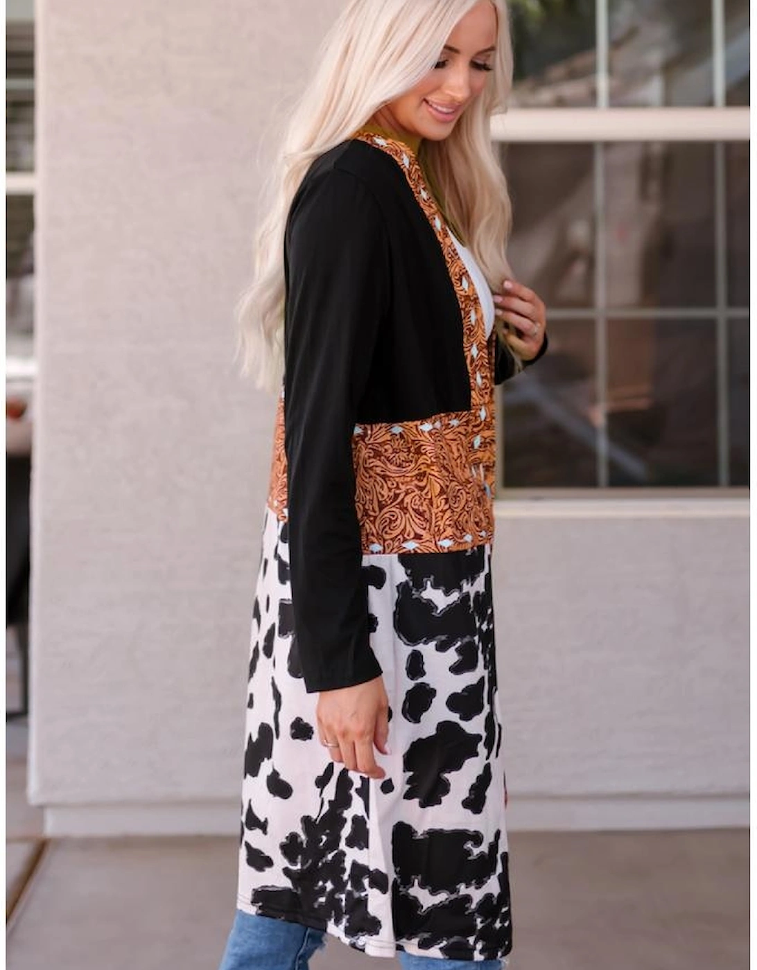 Black Western Pattern Cow Patchwork Open Front Cardigan