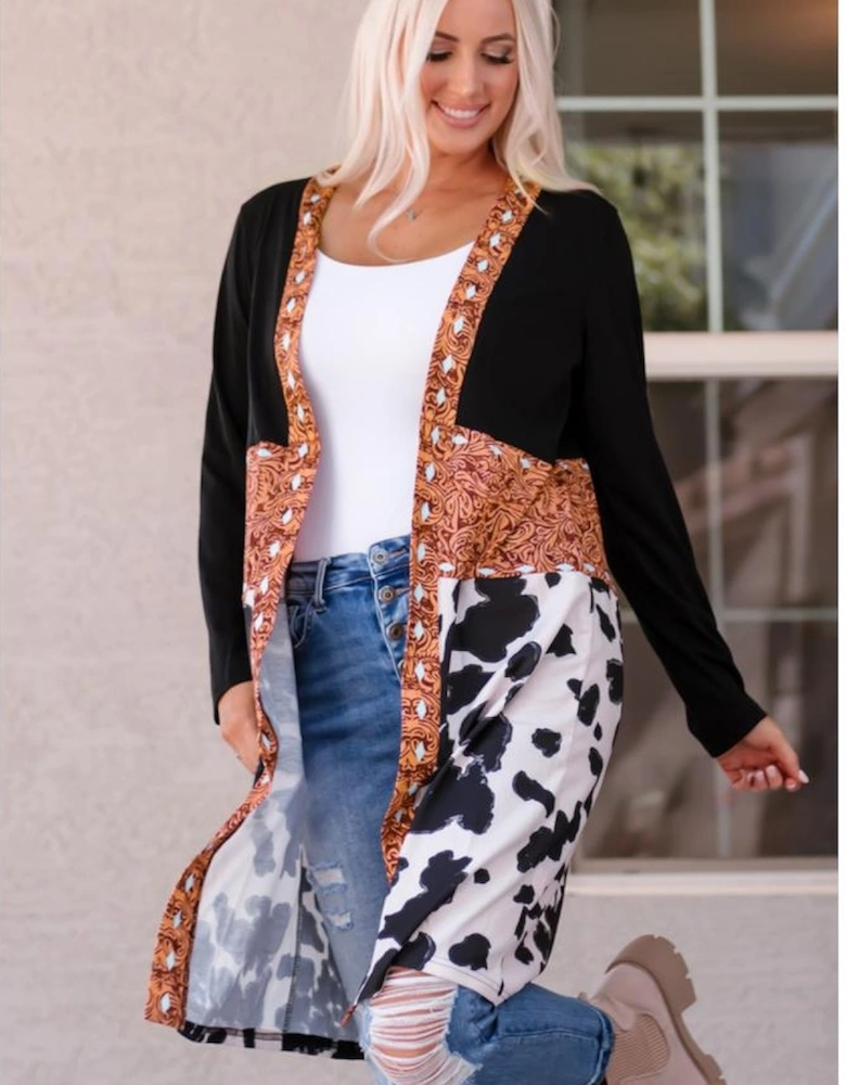 Black Western Pattern Cow Patchwork Open Front Cardigan