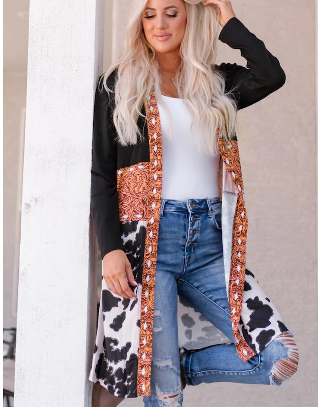 Black Western Pattern Cow Patchwork Open Front Cardigan