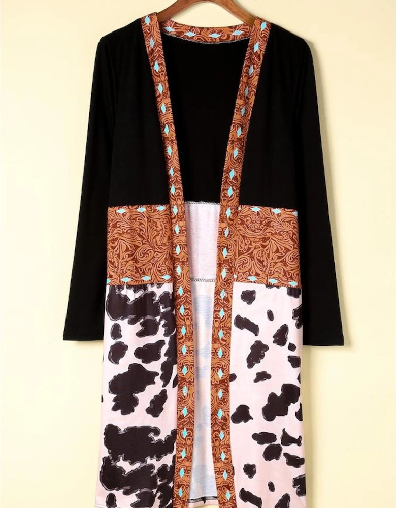 Black Western Pattern Cow Patchwork Open Front Cardigan