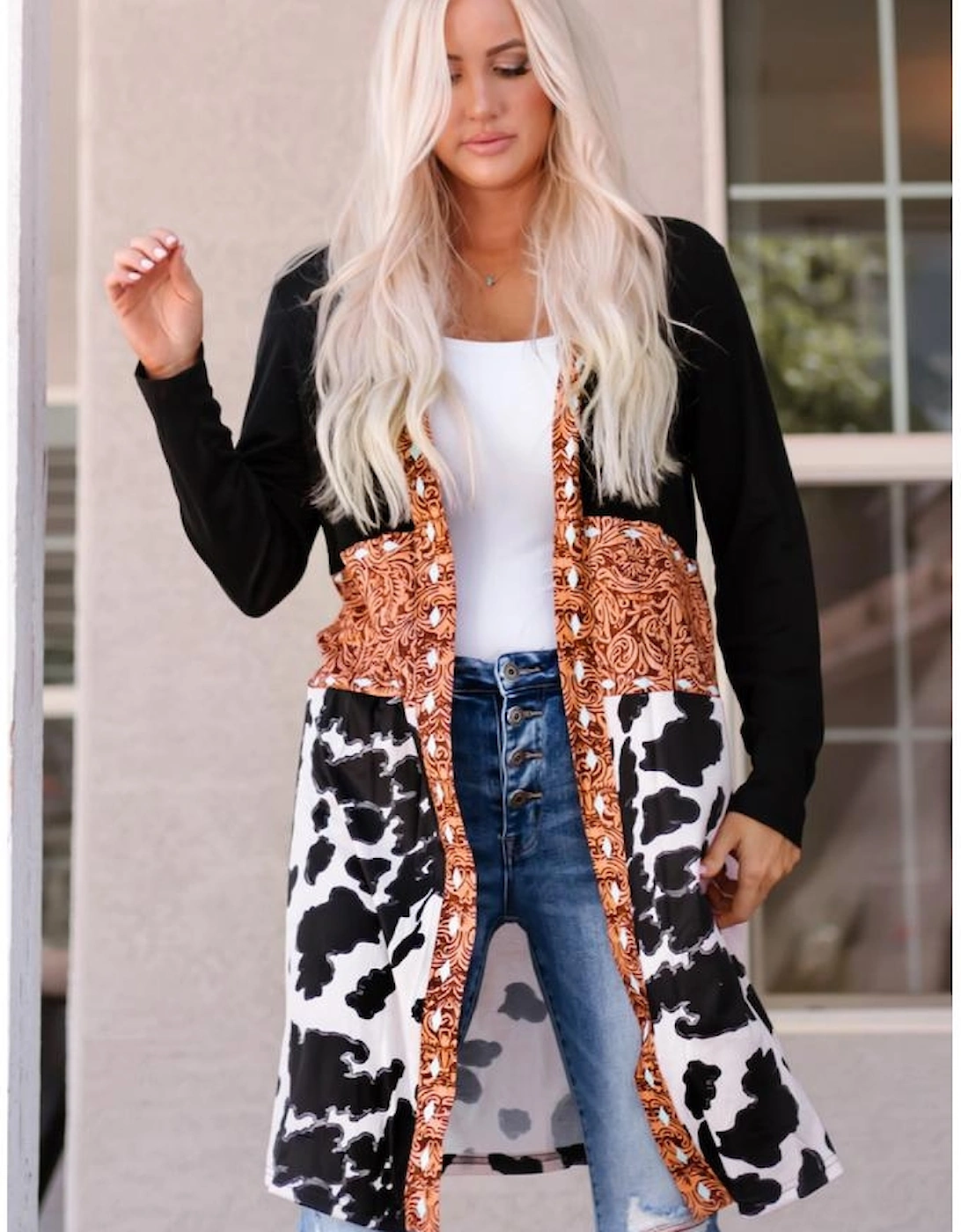 Black Western Pattern Cow Patchwork Open Front Cardigan