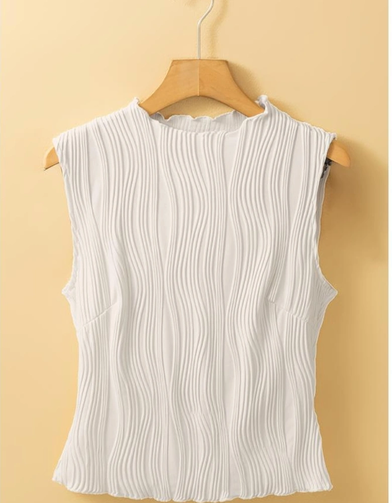 White Solid Color Wavy Textured Round Neck Tank Top