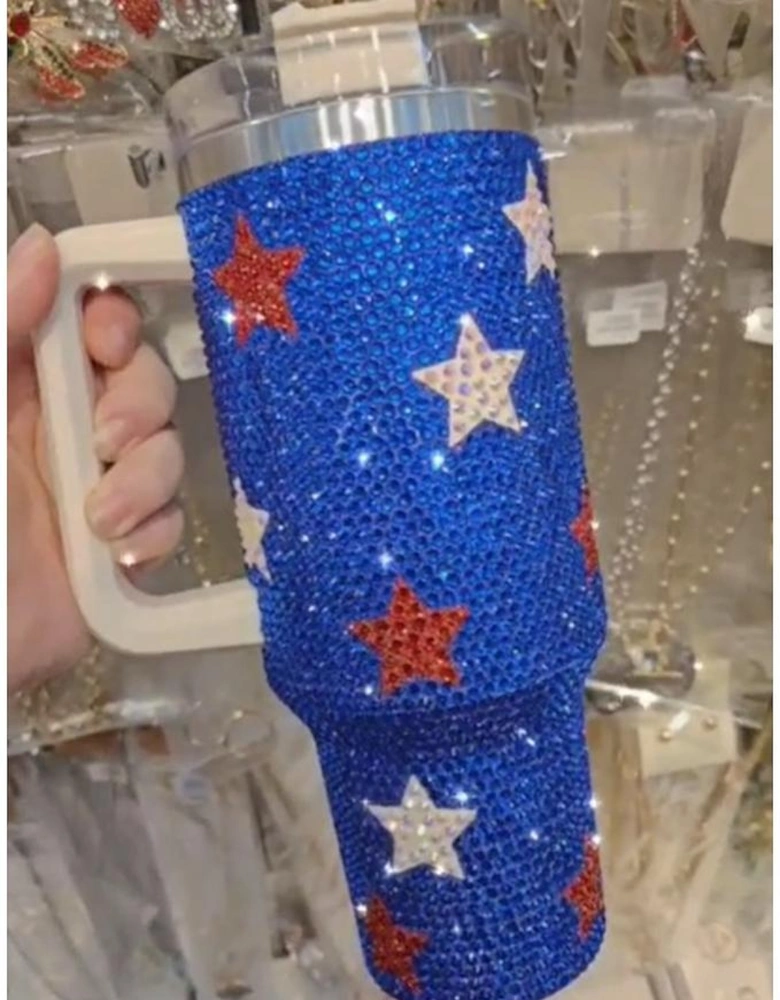 Dark Blue Star Shape Rhinestone Handle Large Vacuum Cup 40oz