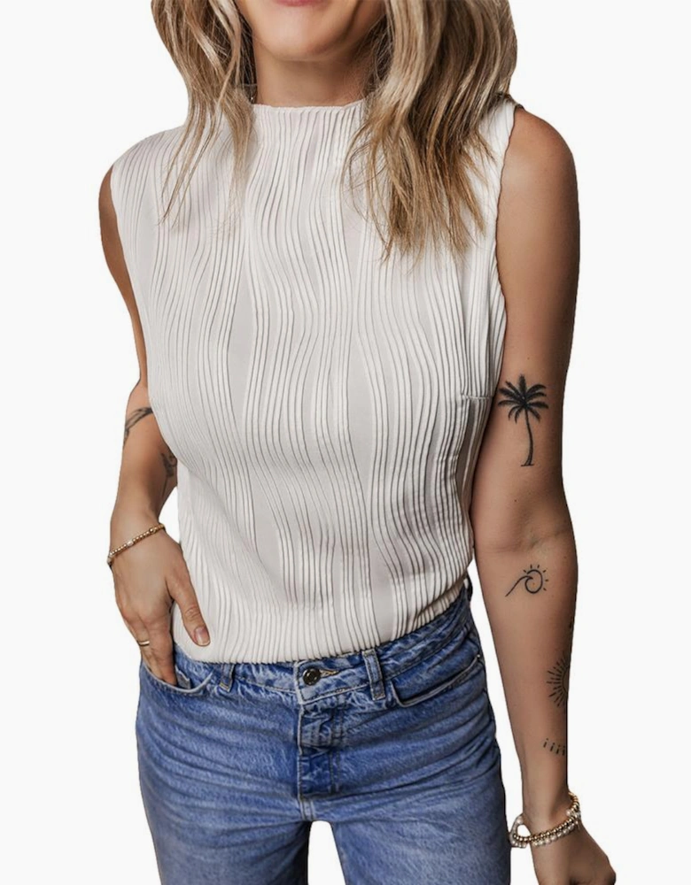 White Solid Color Wavy Textured Round Neck Tank Top