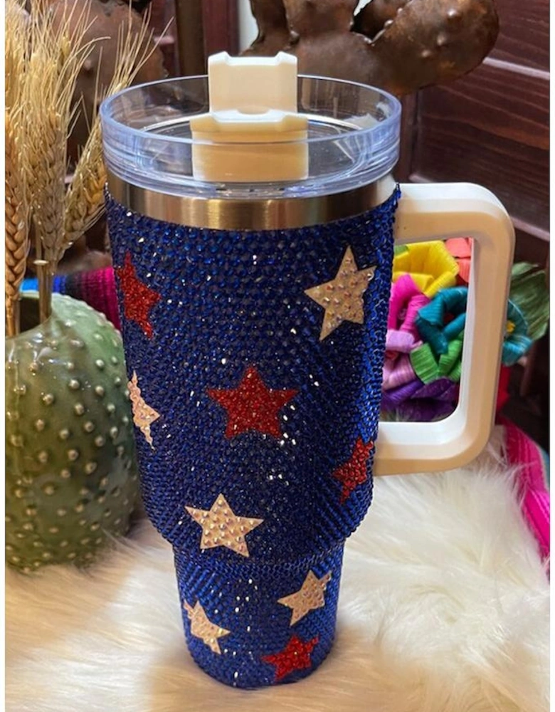 Dark Blue Star Shape Rhinestone Handle Large Vacuum Cup 40oz