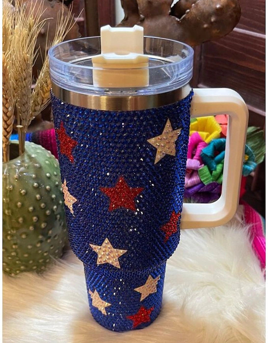 Dark Blue Star Shape Rhinestone Handle Large Vacuum Cup 40oz