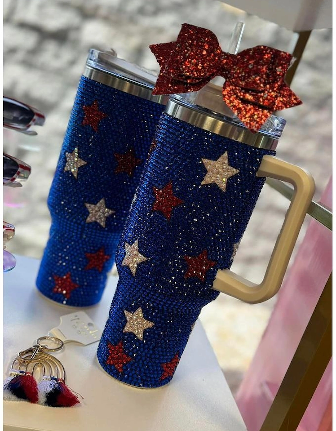 Dark Blue Star Shape Rhinestone Handle Large Vacuum Cup 40oz