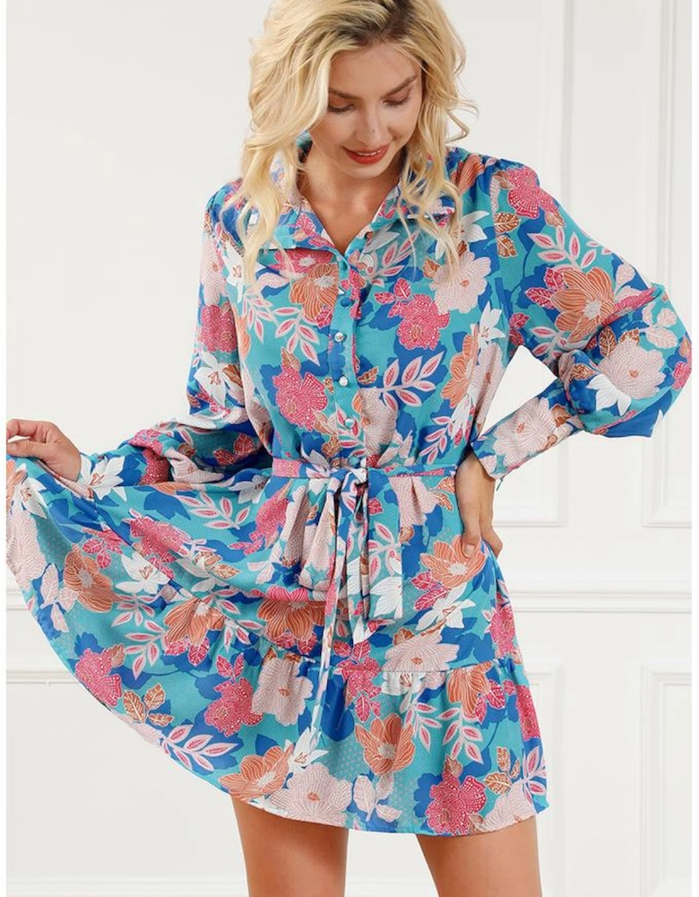 Blue Floral Print Lantern Sleeve Belted Shirt Dress