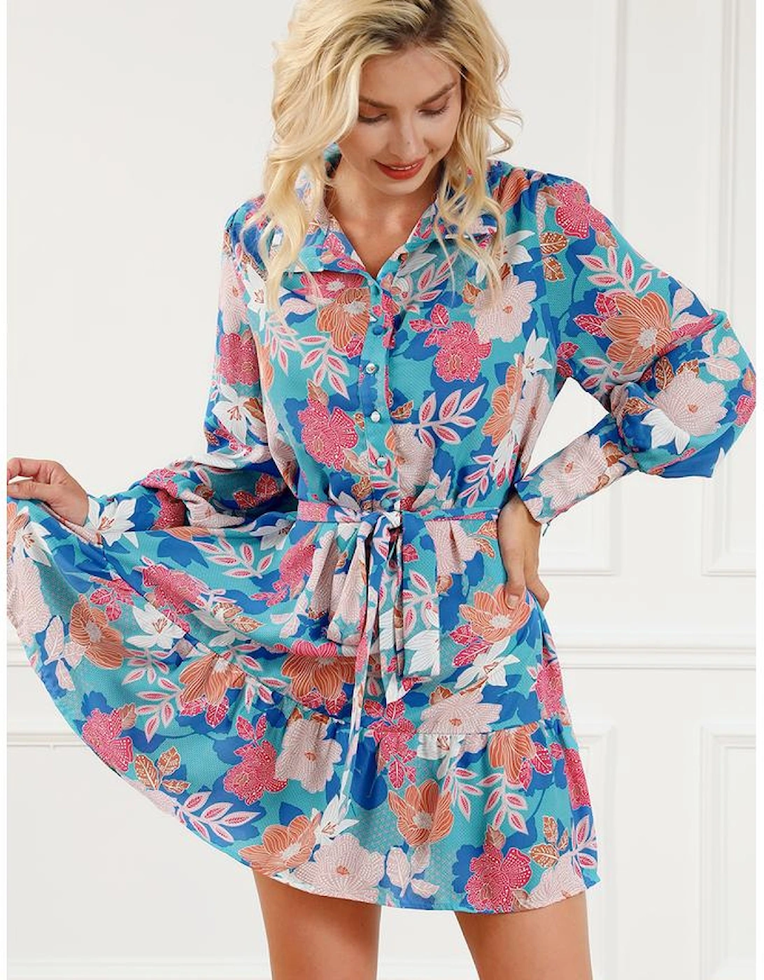 Blue Floral Print Lantern Sleeve Belted Shirt Dress