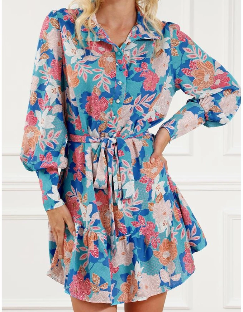 Blue Floral Print Lantern Sleeve Belted Shirt Dress