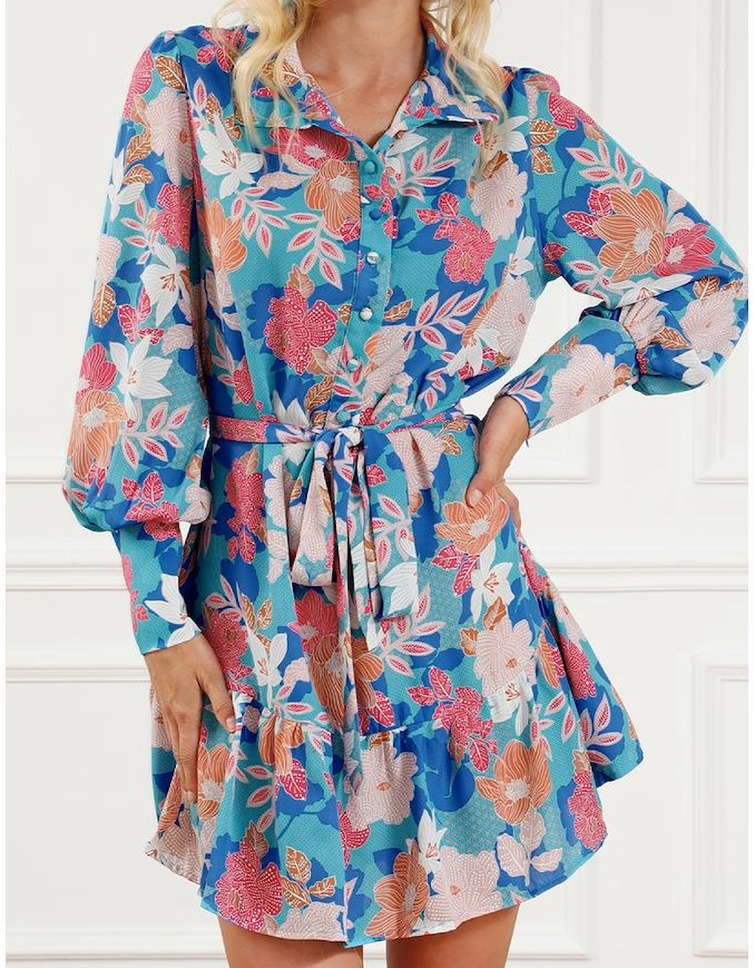 Blue Floral Print Lantern Sleeve Belted Shirt Dress