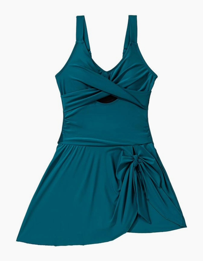 Sea Green Adjustable Straps Cutout Ruched Knot Slit One Piece Swim Dress