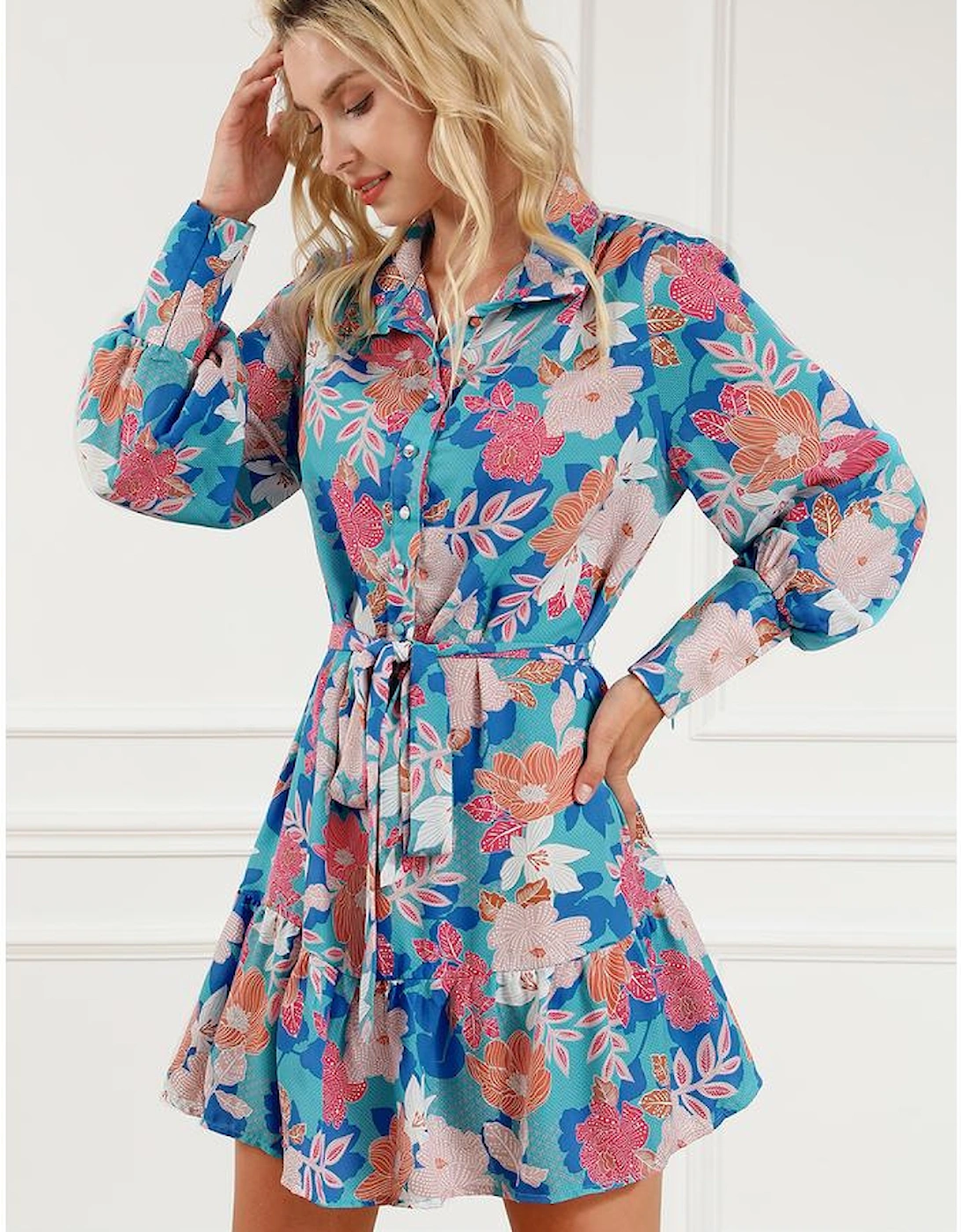 Blue Floral Print Lantern Sleeve Belted Shirt Dress