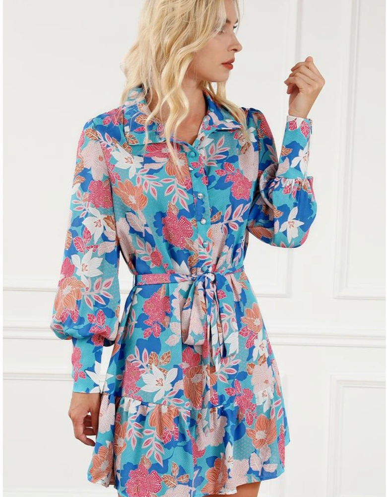 Blue Floral Print Lantern Sleeve Belted Shirt Dress