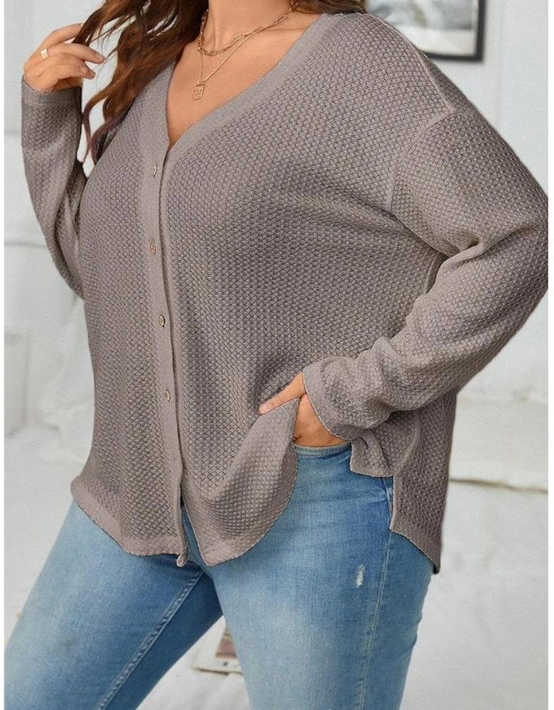Simply Taupe Waffle Knit Drop Shoulder Button V Neck Plus Size Top