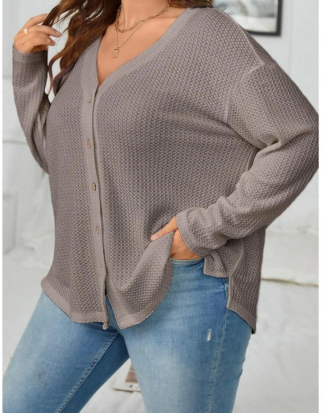 Simply Taupe Waffle Knit Drop Shoulder Button V Neck Plus Size Top, 4 of 3