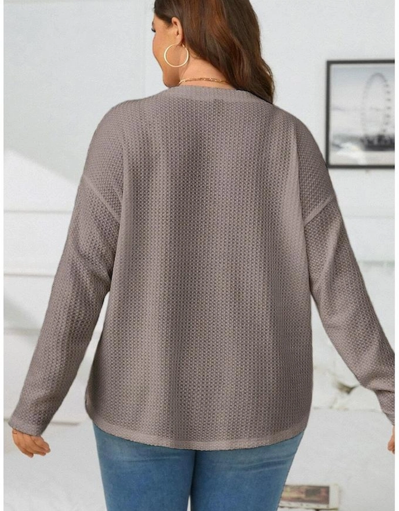 Simply Taupe Waffle Knit Drop Shoulder Button V Neck Plus Size Top