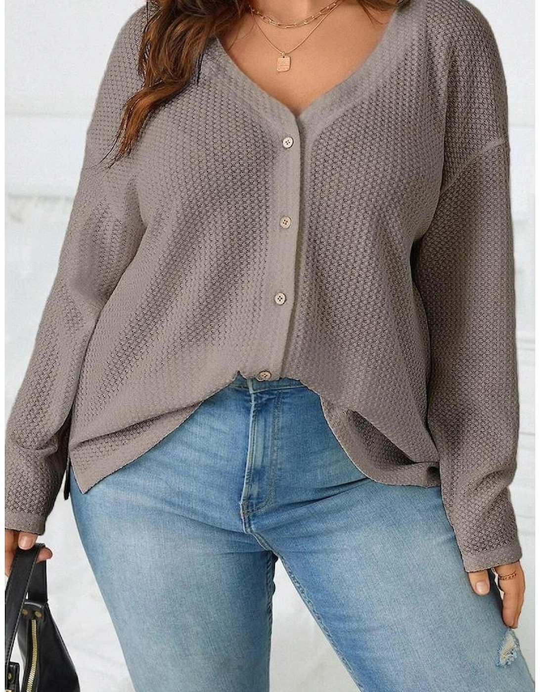 Simply Taupe Waffle Knit Drop Shoulder Button V Neck Plus Size Top