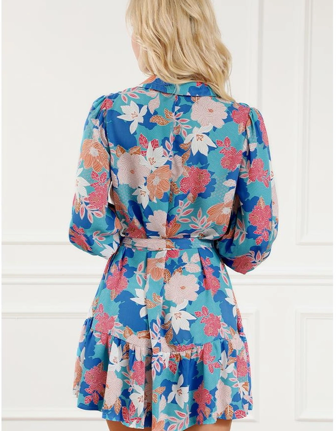 Blue Floral Print Lantern Sleeve Belted Shirt Dress