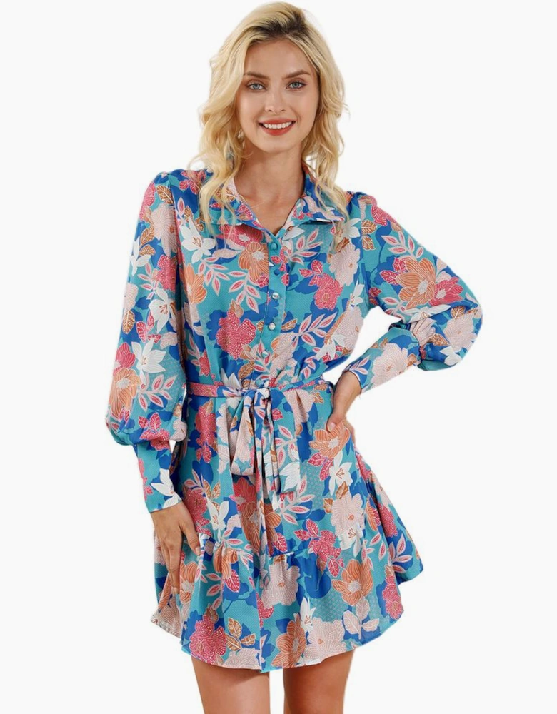 Blue Floral Print Lantern Sleeve Belted Shirt Dress