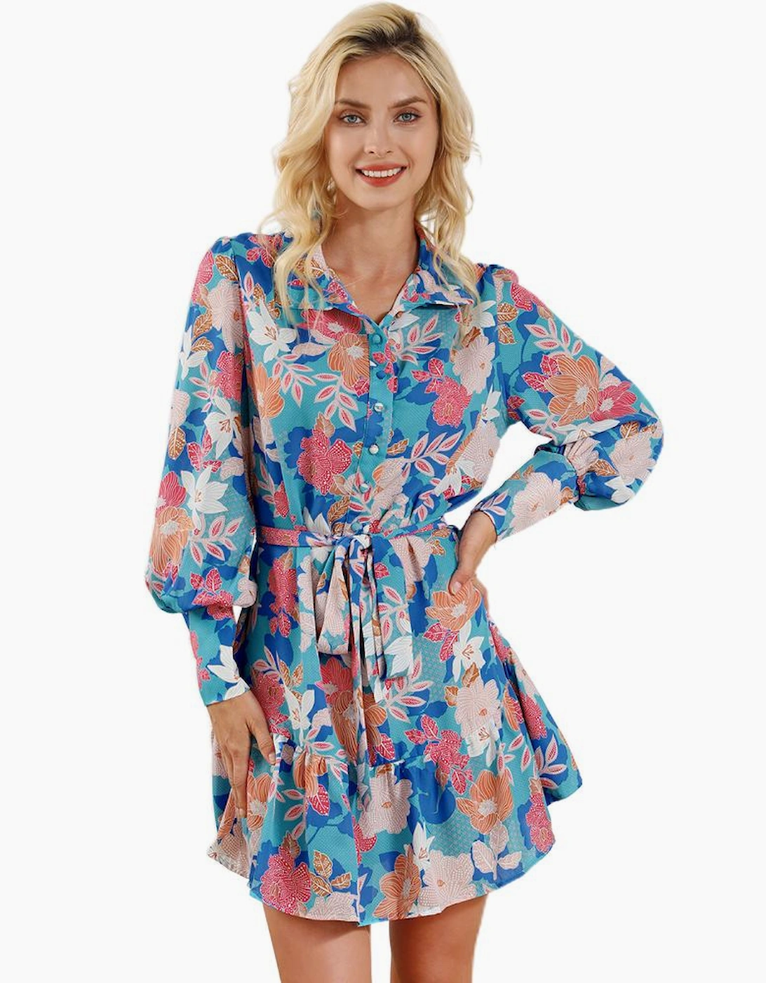 Blue Floral Print Lantern Sleeve Belted Shirt Dress, 7 of 6