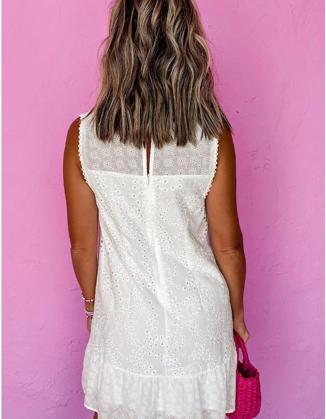 White Floral Eyelet Embroidered Sleeveless Shift Dress, 12 of 11