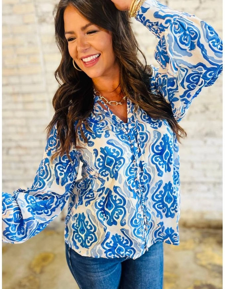 Sky Blue Ethnic Printed Tie Split Neck Button Front Puff Sleeve Shirt