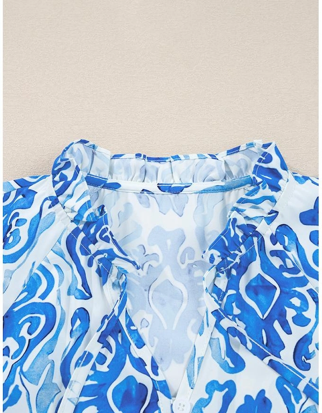Sky Blue Ethnic Printed Tie Split Neck Button Front Puff Sleeve Shirt