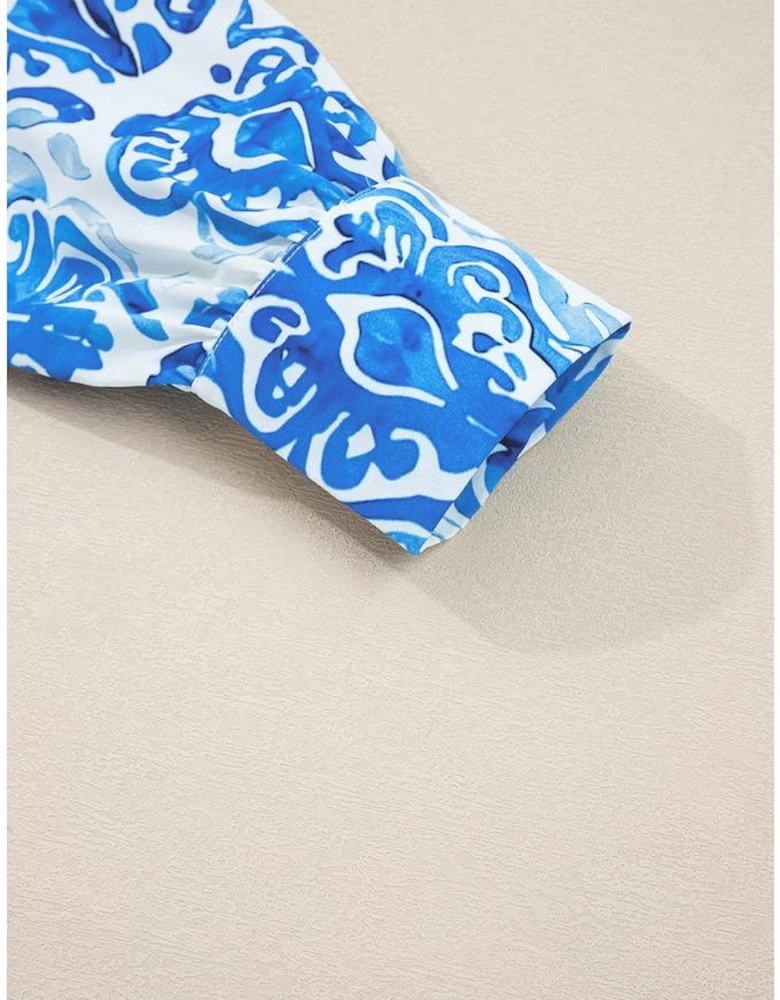 Sky Blue Ethnic Printed Tie Split Neck Button Front Puff Sleeve Shirt