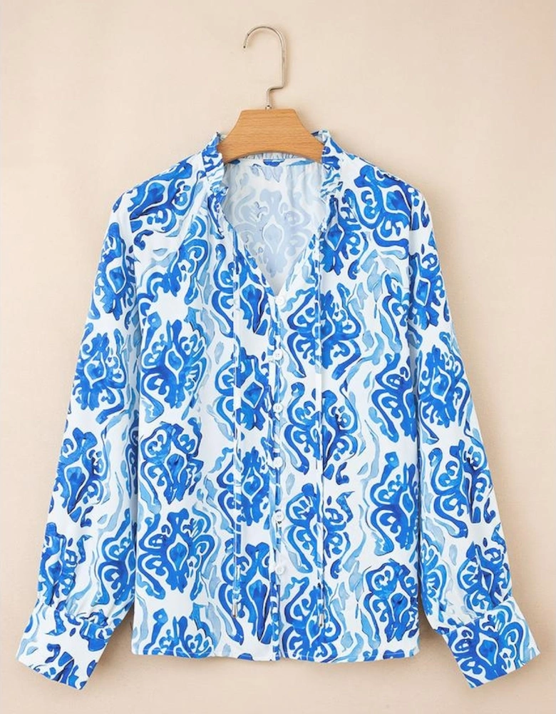 Sky Blue Ethnic Printed Tie Split Neck Button Front Puff Sleeve Shirt