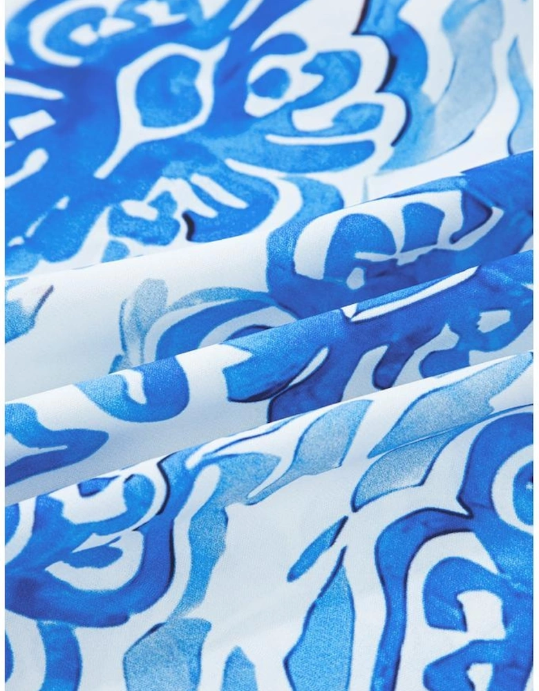 Sky Blue Ethnic Printed Tie Split Neck Button Front Puff Sleeve Shirt